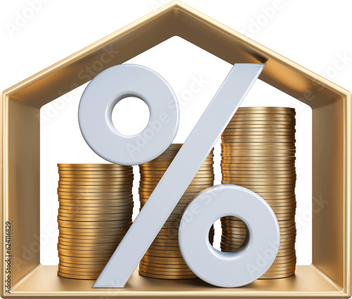 percentage with money coins chart in House, concept saving money for buying a house, investment mortgage finance, and home loan refinance financial plan home loan. 3D rendering