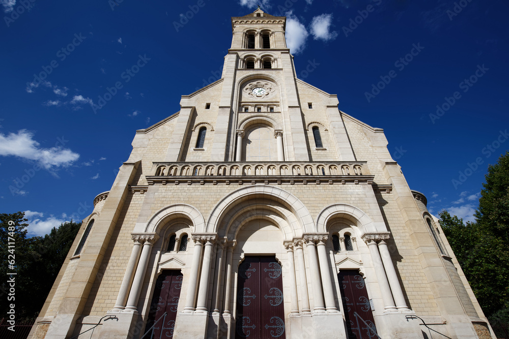 Main facade of the Notre-Dame-du-Rosaire Church, in Saint-Ouen, France .