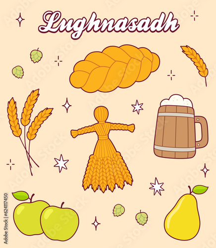 Lughnasadh (Lammas) harvest celebration doodle set