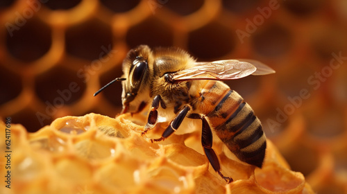 Close-up of Honey Bee on Honeycomb with Beautiful Nature Patterns © Samvel
