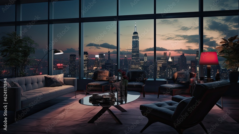 Generative AI illustration of modern living room with couch and armchairs near coffee table with glowing lamps against panoramic windows overlooking evening city with skyscrapers
