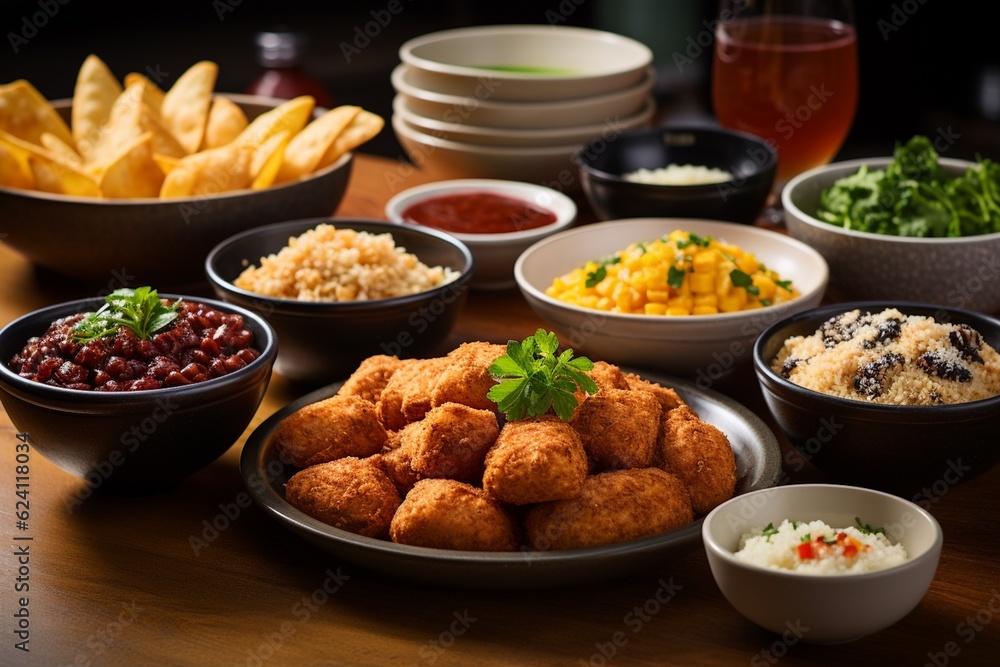 A Mouthwatering Spread of Brazilian Food: Feijoada, Pão de Queijo, Coxinha and Brigadeiros, Created with Generative AI