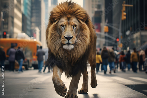 portrait of a lion walking on a street