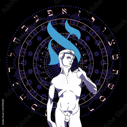 T-shirt design of the Hebrew alphabet next to the statue of David by Michelangelo isolated on black. Hebrew letter called Aleph next to Renaissance artwork.