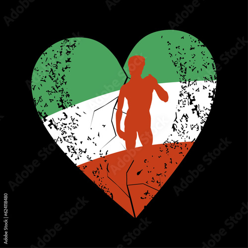 T-shirt design of a heart with the colors of the Italian flag and a silhouette of a Renaissance sculpture. Statue of David from Florence, Italy made by Michelangelo.
