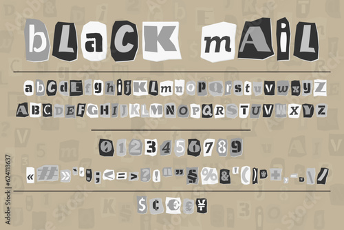 Gray ransom collage style letters numbers and punctuation marks cut from newspapers and magazines. Vintage ABC collection. Red, white and black punk alphabet Typography vector illustration
