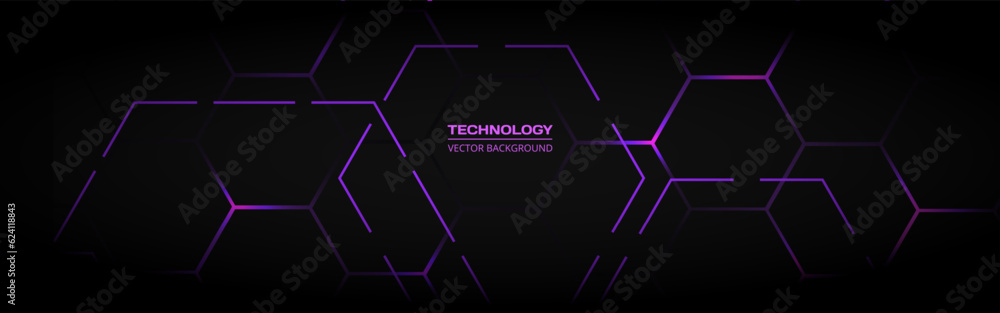 Technology black wide vector abstract background with purple hexagonal elements. Abstract hexagon gaming horizontal banner. Vector illustration