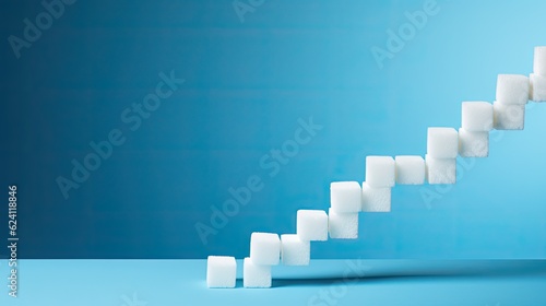 A stair made of white sugar cubes on a blue background. Generative AI.