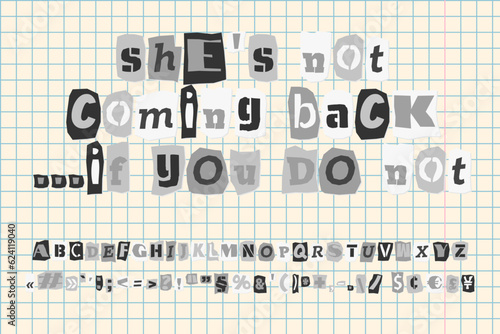 Gray ransom collage style letters numbers and punctuation marks cut from newspapers magazines. Vintage ABC collection White black punk alphabet on school note bacground Typography vector illustration