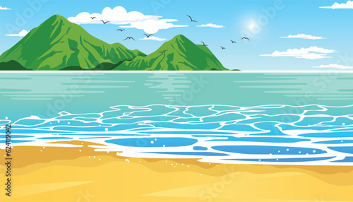 Tropical blue sea and a sand beach with mountain on horizon  vector background
