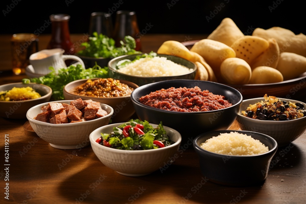 A Mouthwatering Spread of Brazilian Food: Feijoada, Pão de Queijo, Coxinha and Brigadeiros, Created with Generative AI