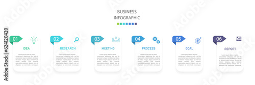 Business infographics line process with template with icons and 6 options or steps.infographics of business,idea,research,meeting,process,goal,report.for infographics design template