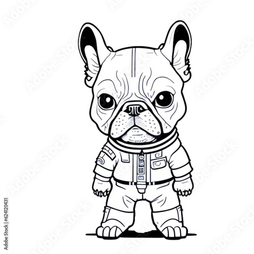 French BullDog in an astronaut suit, Bulldog, dog in space, standing on two feet, cartoon style, black and white, vector, coloring page, character, a cartoon style, 