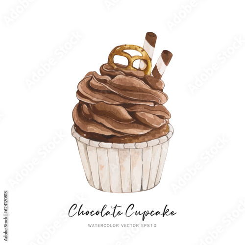 Banana caramel cupcake dessert, watercolor food painting vector design isolated on white background
