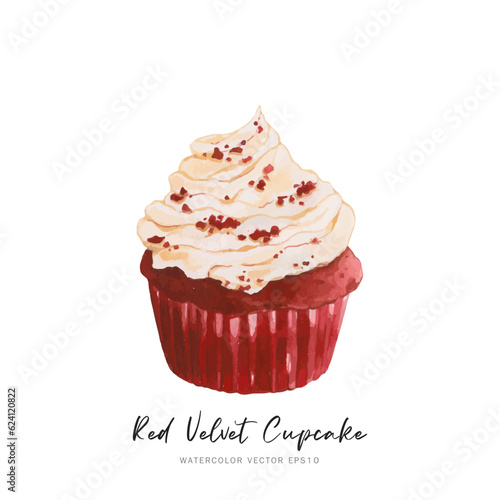 Red velvet cupcake dessert, watercolor food painting vector design isolated on white background