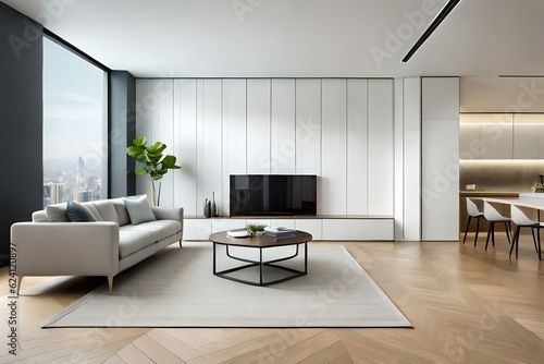 White minimalist modern living room interior with sofa on a wooden floor, decor on a large wall, white landscape in window © indofootage