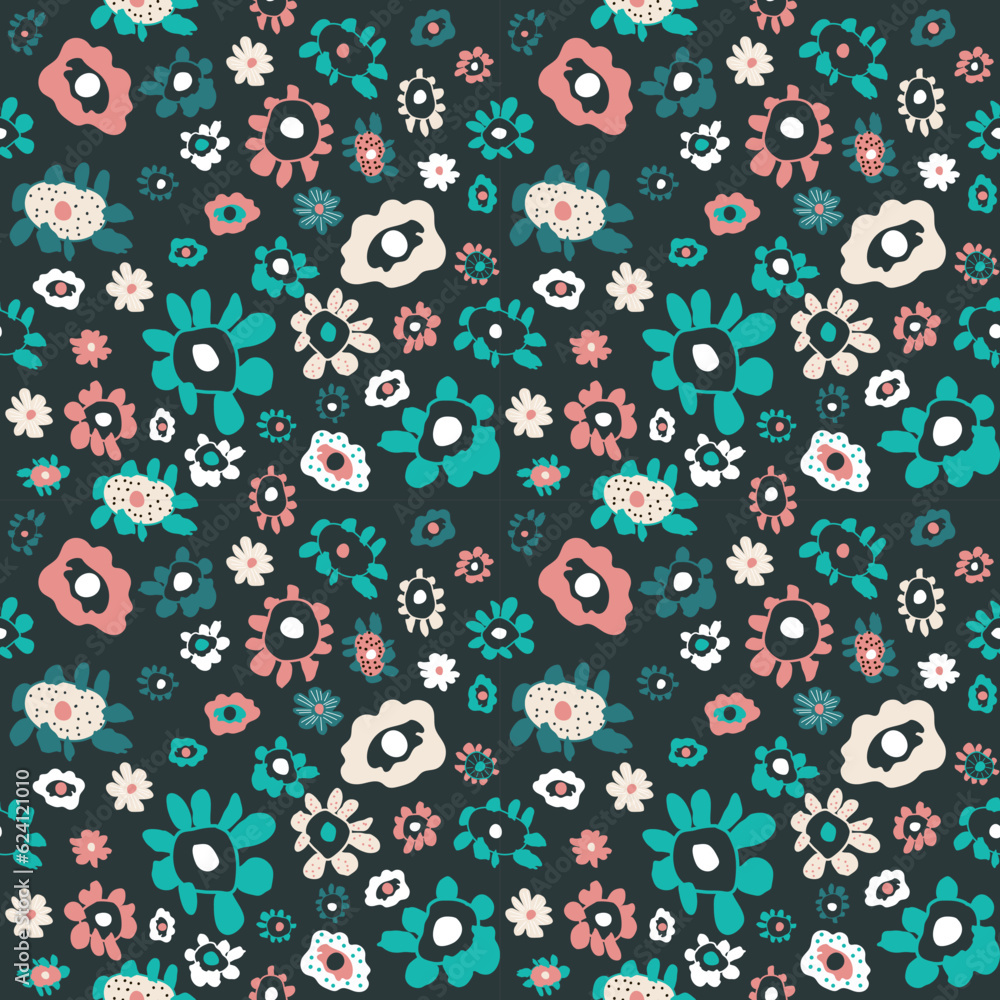 Vector children's bright seamless pattern with flowers on a dark background. Ideal for baby prints, textiles, wallpapers, wrapping paper, scrapbooking. Vector children's bright seamless pattern with flowers on a dark background. Ideal for baby prints, textiles, wallpapers, wrapping paper, scrapbooking.