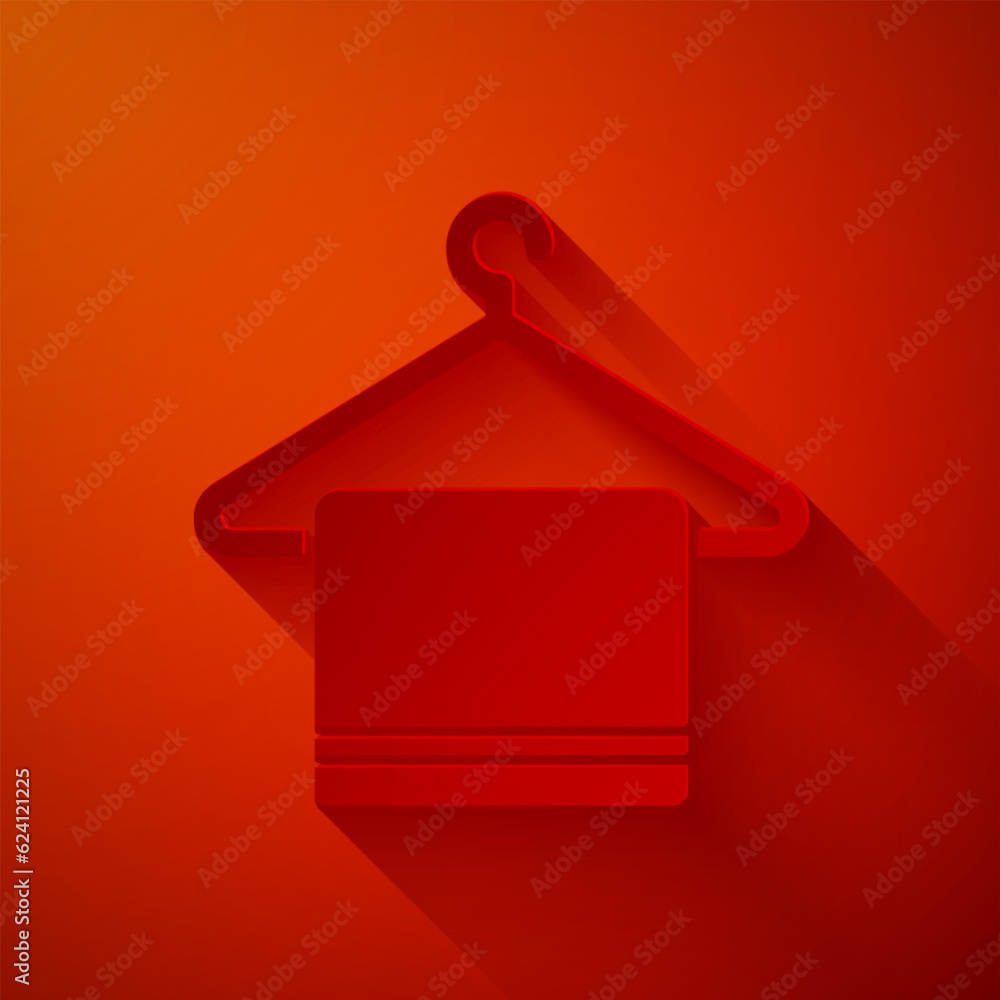 Paper cut Towel on a hanger icon isolated on red background. Bathroom towel icon. Paper art style. Vector Illustration Paper cut Towel on a hanger icon isolated on red background. Bathroom towel icon. Paper art style. Vector Illustration