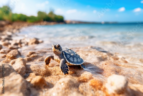 Illustration of a baby turtle crawling on a sandy beach, created with Generative Ai Technology