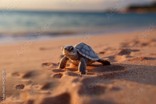 Illustration of a baby turtle crawling on a sandy beach, created with Generative Ai Technology