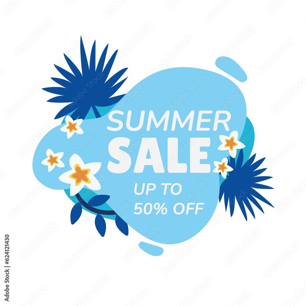 Naklejka premium Summer sale and discount sticker with leaf and flowers.Hot season clearance price tag.Invitation for online shopping with 50 percent price off