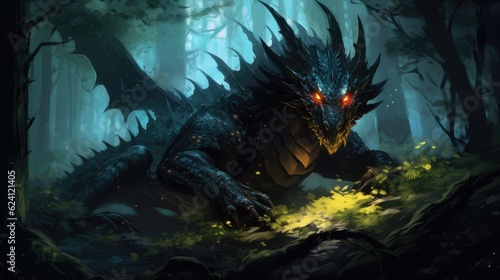 Illustration of a mysterious creature with glowing eyes lurking in a dark forest, black dragon in the magic forest, created with Generative Ai Technology
