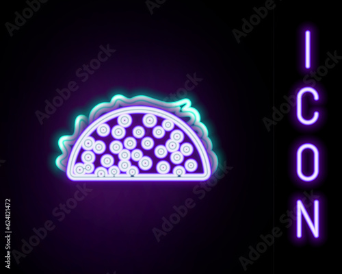 Glowing neon line Taco with tortilla icon isolated on black background. Traditional mexican fast food. Colorful outline concept. Vector