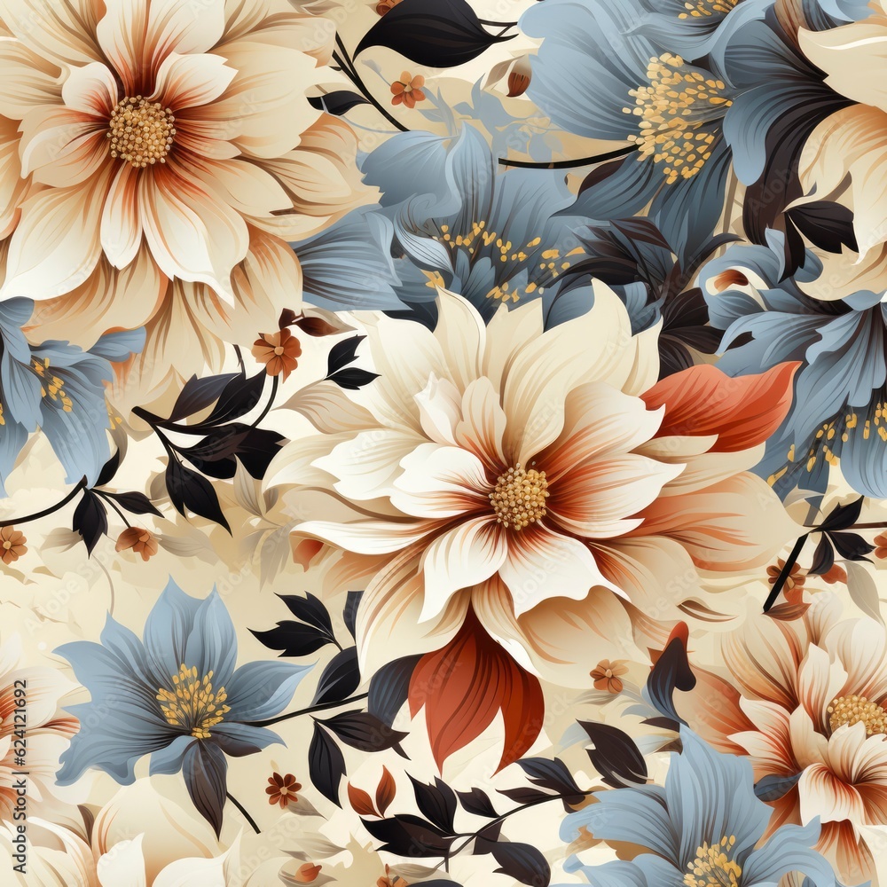 A floral wallpaper that is printed with beige and blue color. A floral wallpaper that is printed with beige and blue color.