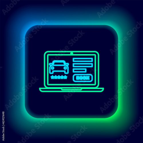Glowing neon line Online car sharing icon isolated on black background. Online rental car service. Online booking design concept for laptop. Colorful outline concept. Vector