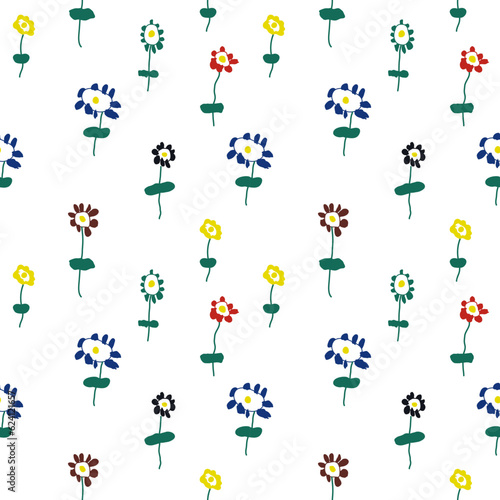 Vector childish seamless pattern with colorful flowers on a white background. Ideal for baby prints, textiles, wallpapers, wrapping paper, scrapbooking.