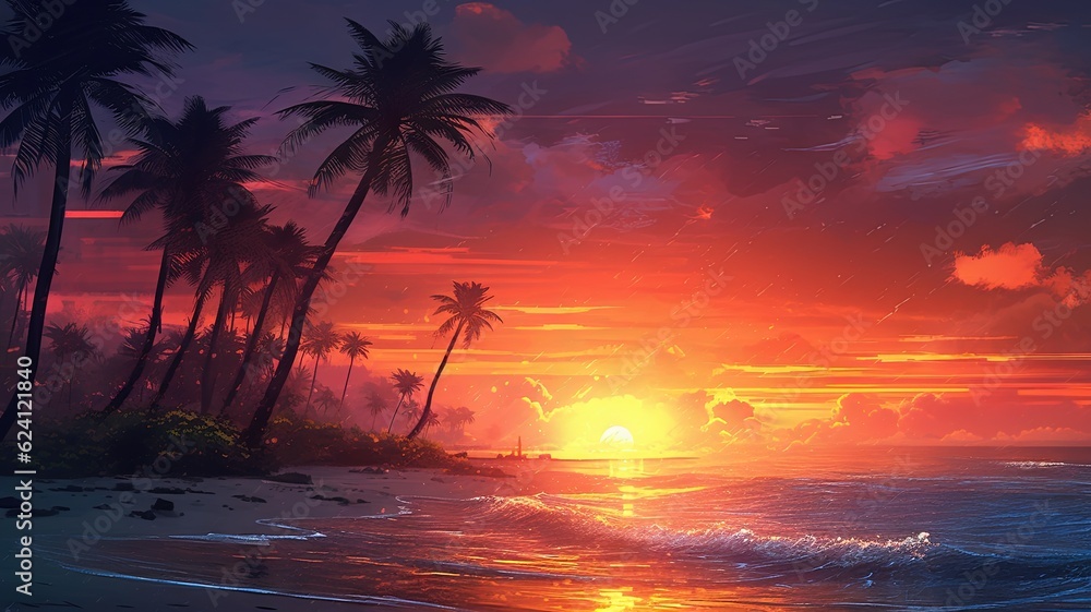 Illustration of a vibrant tropical beach sunset painting, created with Generative Ai Technology