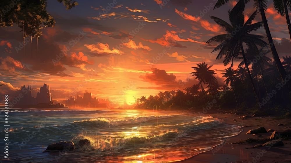Illustration of a picturesque sunset on a tropical beach, created with Generative Ai Technology