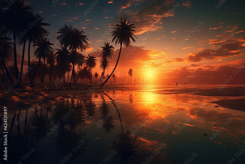 Illustration of a stunning sunset with palm trees reflecting in the water, created with Generative Ai Technology