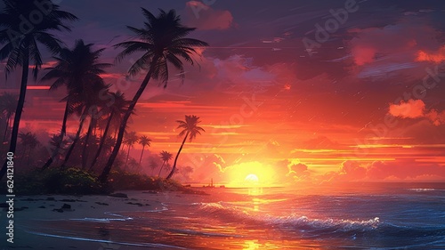 Illustration of a vibrant tropical beach sunset painting, created with Generative Ai Technology