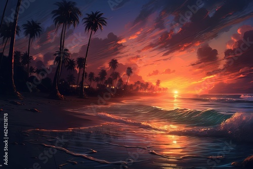 Illustration of a picturesque sunset on a tropical beach with swaying palm trees  created with Generative Ai Technology