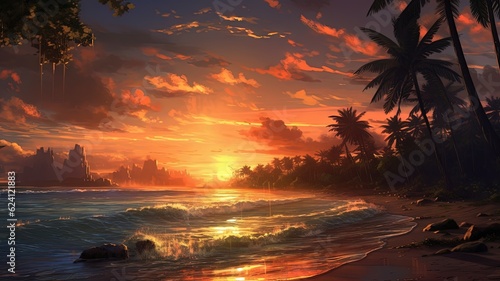 Illustration of a picturesque sunset on a tropical beach, created with Generative Ai Technology
