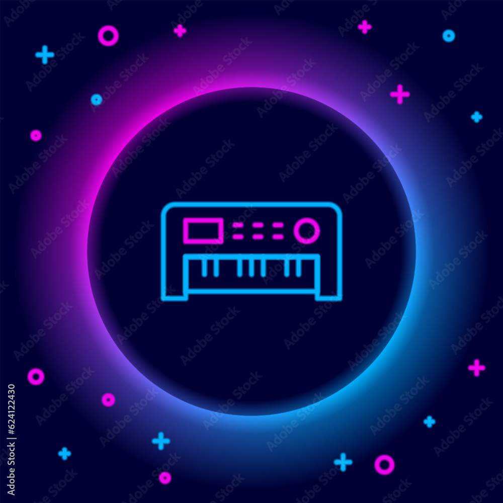 Glowing neon line Music synthesizer icon isolated on black background. Electronic piano. Colorful outline concept. Vector Glowing neon line Music synthesizer icon isolated on black background. Electronic piano. Colorful outline concept. Vector