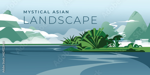 Classic Asian Chinese landscape. Hills on the river under the fog. Green and blue. River path. Gradient. Vector illustration.