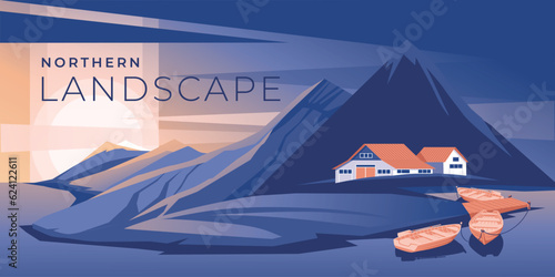 northern mountains with a view of houses. Blue sea or river sunset. Destination travel and tourism. Vector illustration