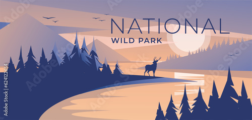 river among pine mountains at blue sunset. Wild deer silhouette. Water reflection. Peaceful landscape vector illustration. Natural animal park.