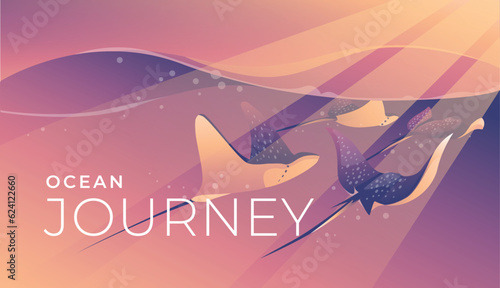 A group of stingrays swim underwater. Wild ocean life, pink sunset light. Gradient. Vector illustration