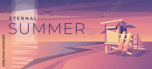 beach lifeguard observation post at sunset. Tables for surfing. Pink and purple. Gradient. Vector illustration
