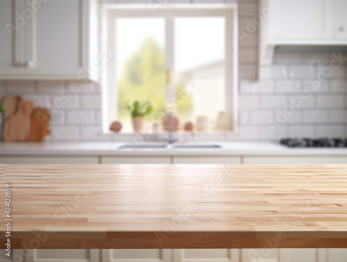 empty white wood table on blur kitchen background