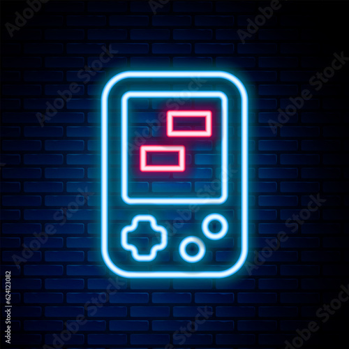 Glowing neon line Portable tetris electronic game icon isolated on brick wall background. Vintage style pocket brick game. Interactive playing device. Colorful outline concept. Vector