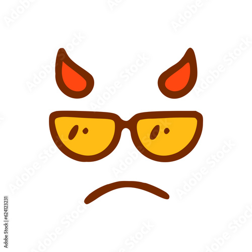 Sad devil with glasses face doodle icon