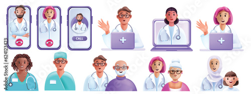 3D online doctor vector telemedicine concept, medical video call man woman therapist avatar, patient. Virtual internet patient digital remote health care service. Online doctor support, smartphone
