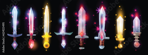 3D sword game vector set, pirate fantasy RPG weapon icon kit, medieval knife magic assets. Vintage Viking axe, iron golden handle, shiny steel sharp blade, warrior sabre. Sword game cartoon collection