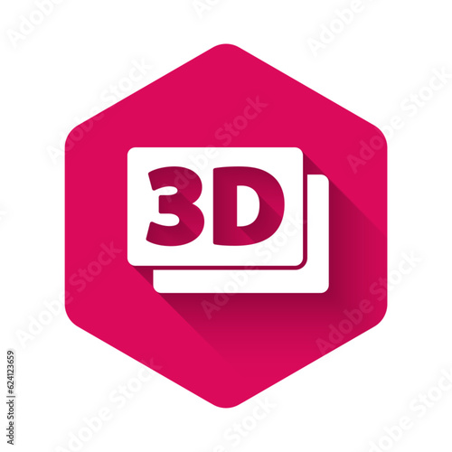 White 3D word icon isolated with long shadow. Pink hexagon button. Vector