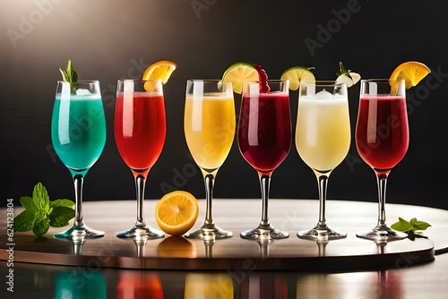 Glasses of different fruit drinks with fruit pieces - Generative AI