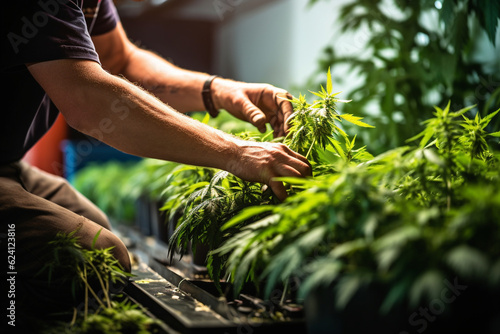 Skilled Hands Trimming Cannabis Plant in a Modern Light Industrial Indoor Marijuana Farm - High-Quality Stock Image Capturing the Art of Cannabis Cultivation and Processing for Medical and Recreationa